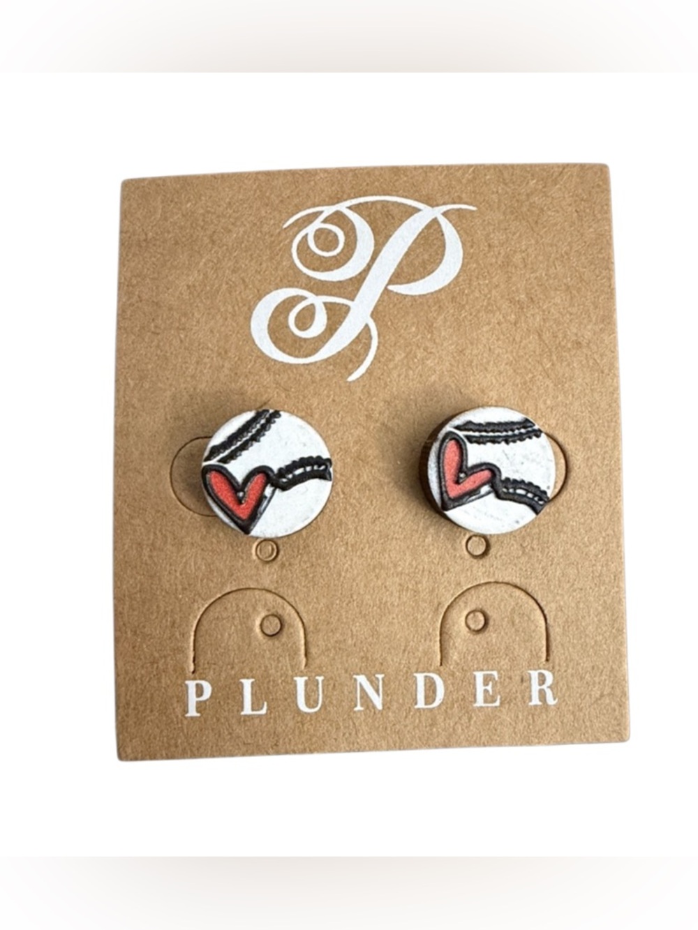 Plunder Baseball Stud Earrings With Accent Red Heart NWT